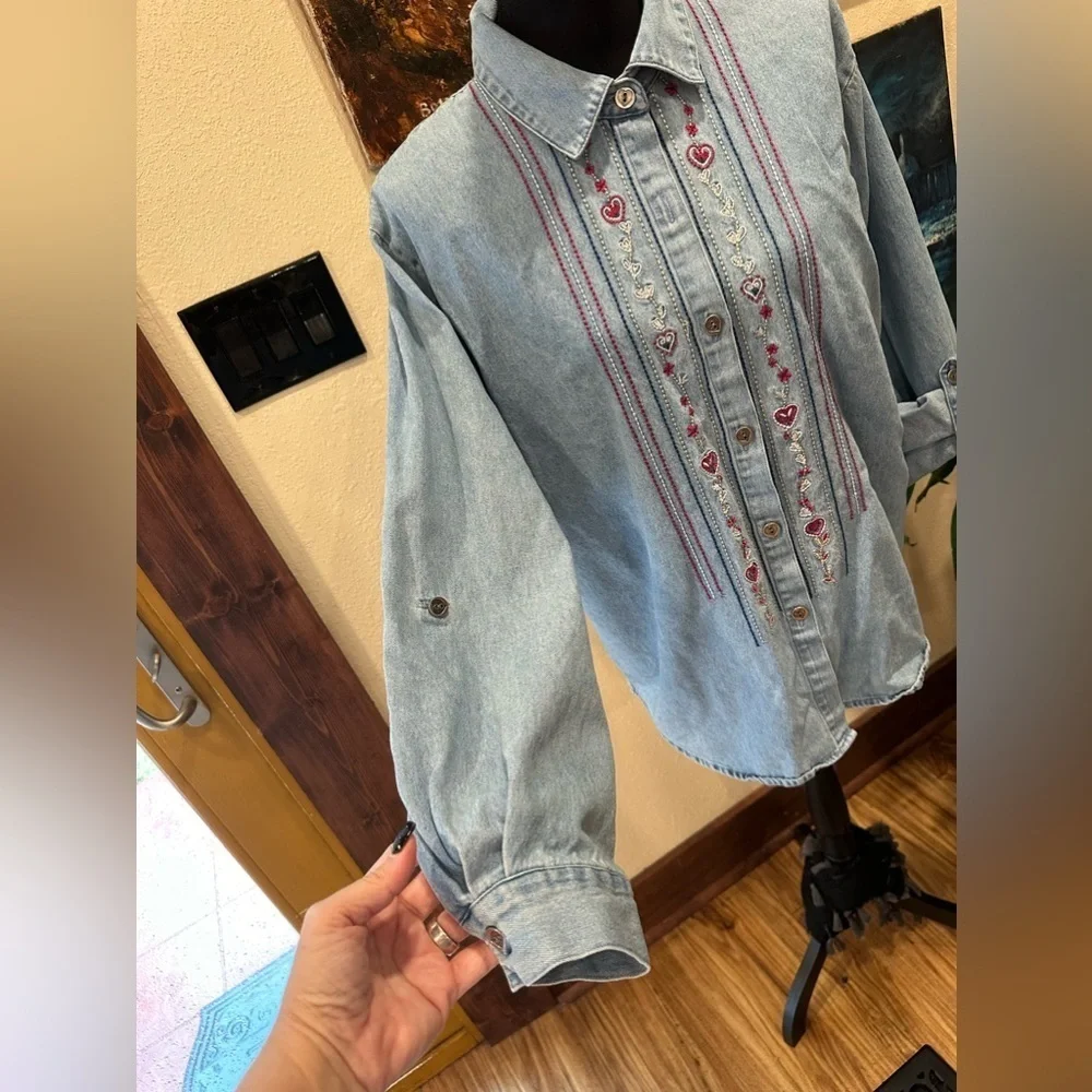 TEDDI Vintage 90s Light Blue Denim Embroidered Button Down Large - Picture 4 of 9